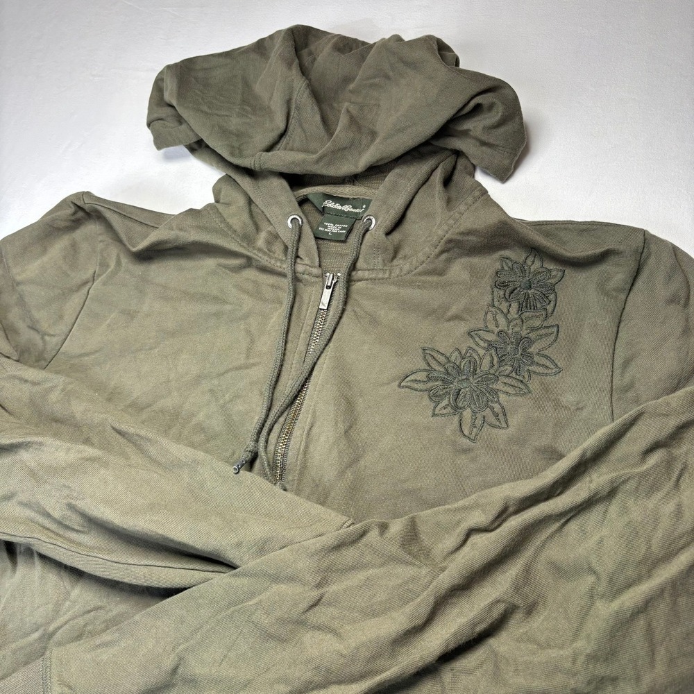 Eddie Bauer Full Zip Hoodie Womens L Green Floral Embroidered Cotton Long Sleeve - Picture 2 of 9
